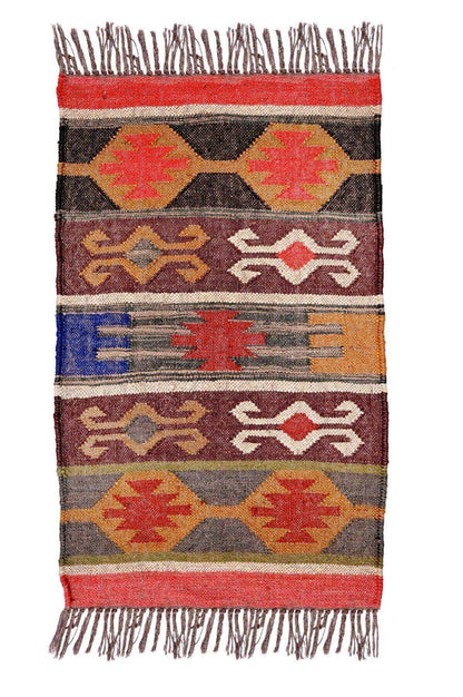 alfombra kilim,  pequeña, multicolor, étnica, reversible, artesanal, India.