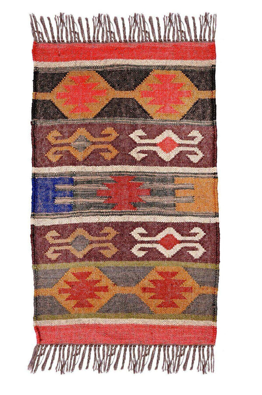 alfombra kilim,  pequeña, multicolor, étnica, reversible, artesanal, India.