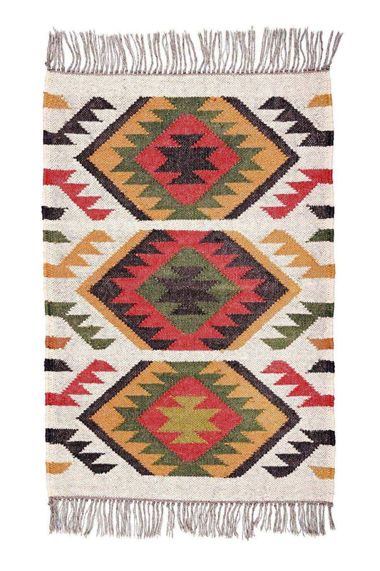 Alfombra Kilim Pequeña Étnica Hecha a Mano de Lana y Yute - 60x90 cm - Multicolor y Reversible - Origen India