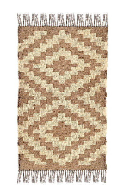 alfombra kilim, de lana y yute,  pequeña, geometrica, color beige y natural, reversible, artesanal, India.