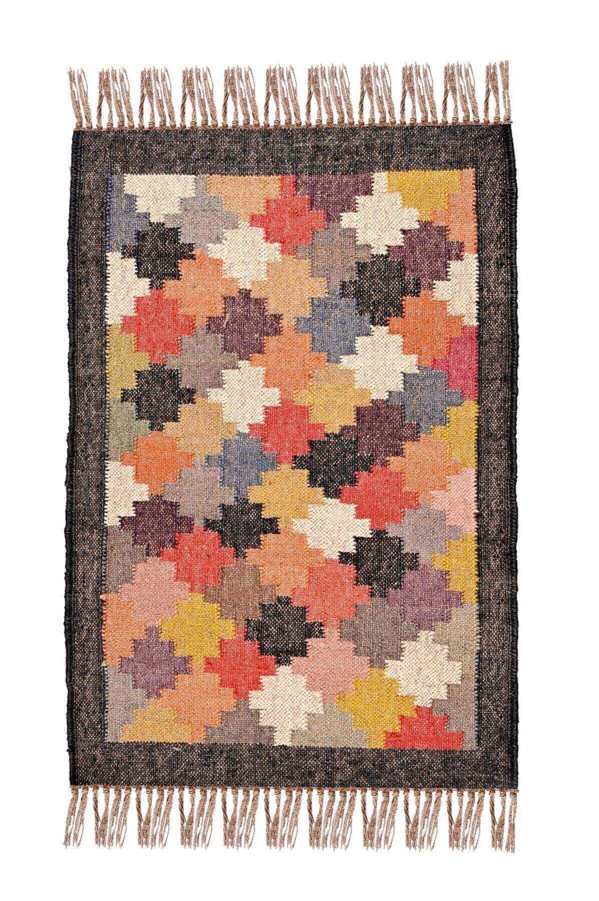 alfombra kilim,  pequeña, multicolor, étnica, reversible, artesanal, India.