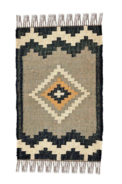 alfombra kilim, de lana y yute,  pequeña,  ,étnica, geométrica, color blanco y negro  reversible, artesanal, India.