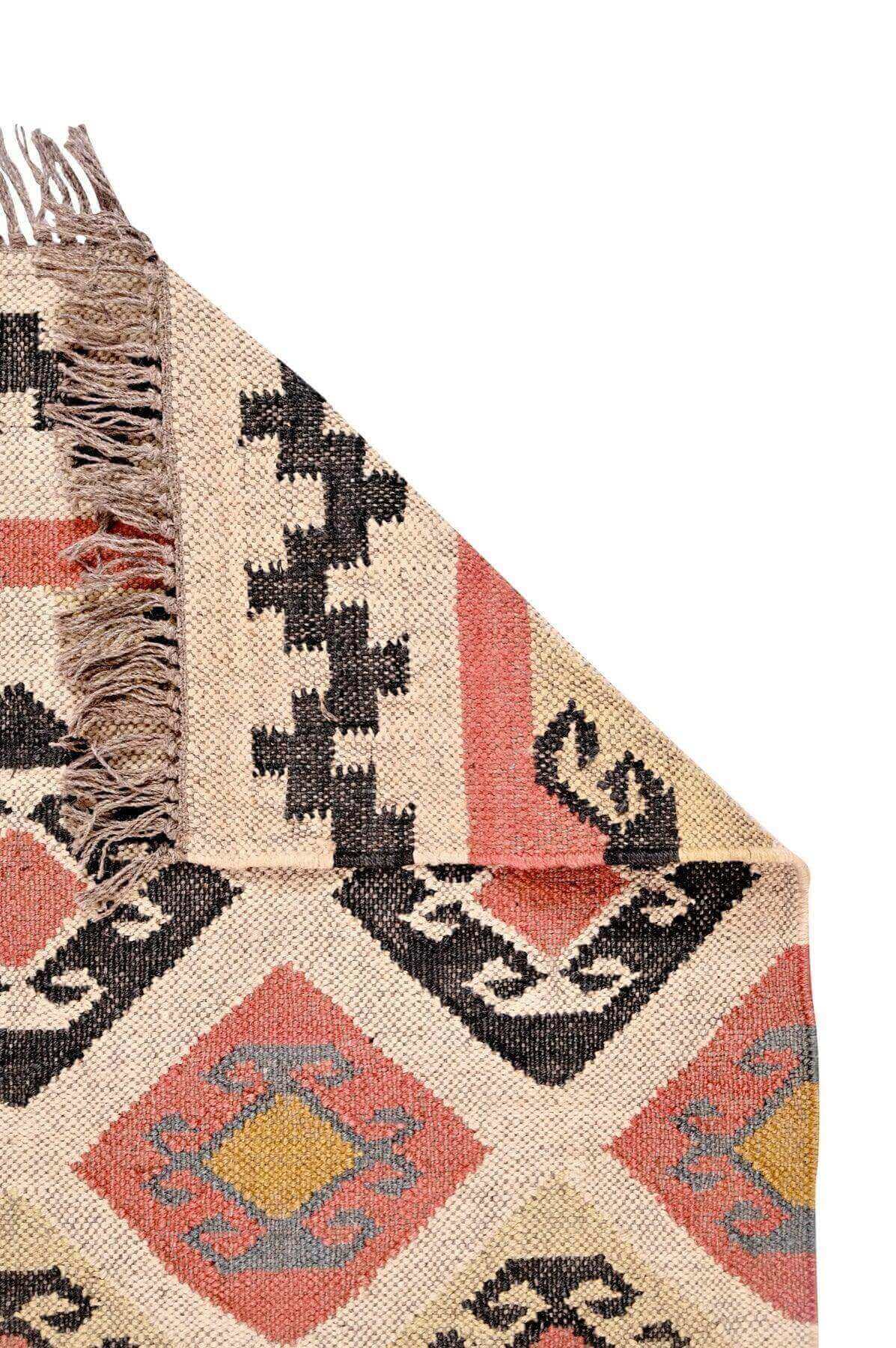 alfombra kilim,  pequeña, multicolor, étnica, reversible, artesanal, India.