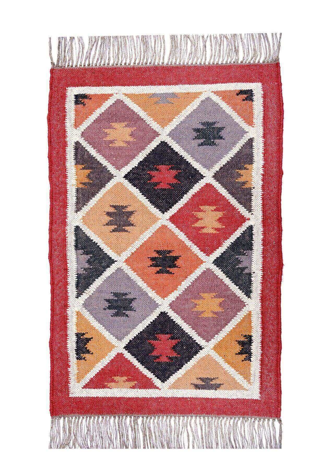 Alfombra Kilim Pequeña Étnica Hecha a Mano de Lana y Yute - 60x90 cm - Multicolor y Reversible - Origen India