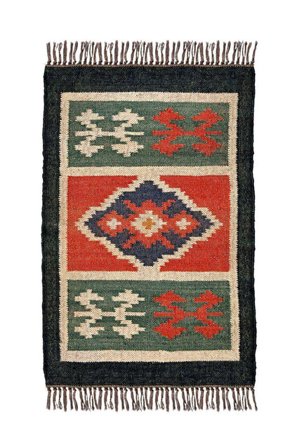 alfombra kilim,  pequeña, multicolor, étnica, reversible, artesanal, India.