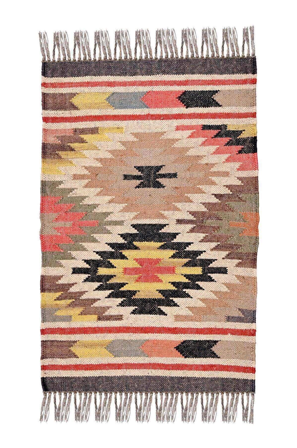 alfombra kilim,  pequeña, multicolor, étnica, reversible, artesanal, India.