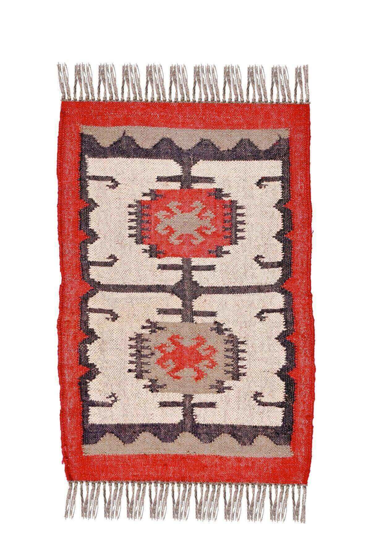 alfombra kilim,  pequeña, multicolor, étnica, reversible, artesanal, India.