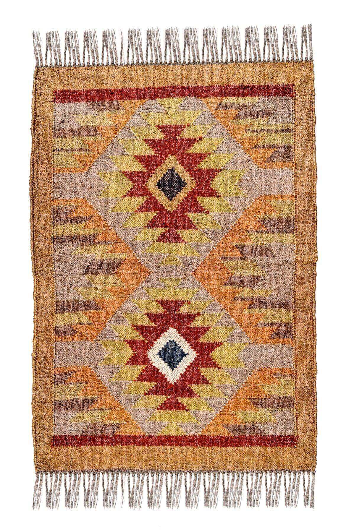 alfombra kilim,  pequeña, multicolor, étnica, reversible, artesanal, India.