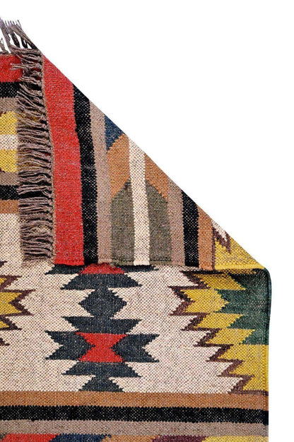 alfombra kilim,  pequeña, multicolor, étnica, reversible, artesanal, India.