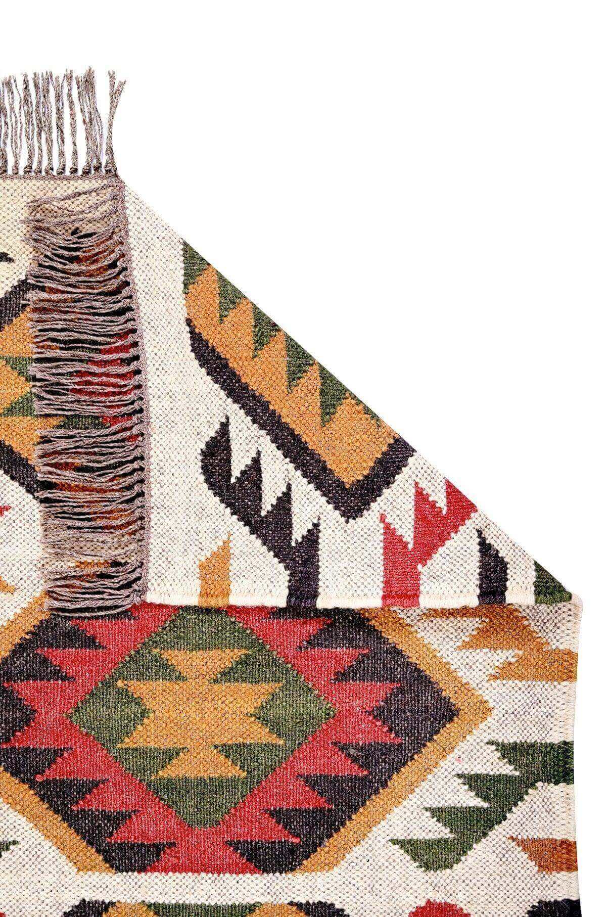 Alfombra Kilim Pequeña Étnica Hecha a Mano de Lana y Yute - 60x90 cm - Multicolor y Reversible - Origen India