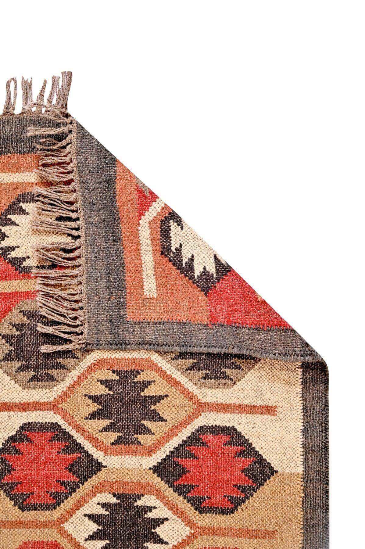 alfombra kilim,  pequeña, multicolor, étnica, reversible, artesanal, India.