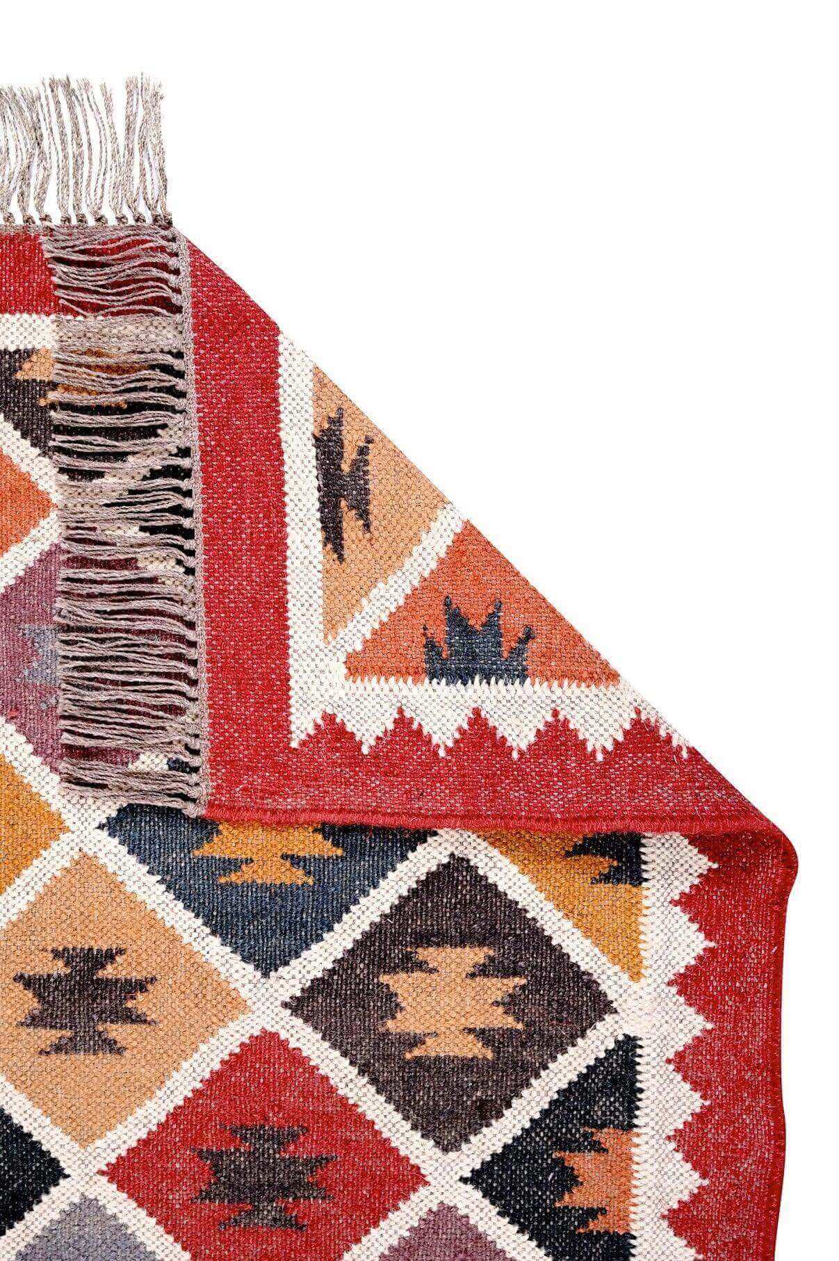 Alfombra Kilim Pequeña Étnica Hecha a Mano de Lana y Yute - 60x90 cm - Multicolor y Reversible - Origen India