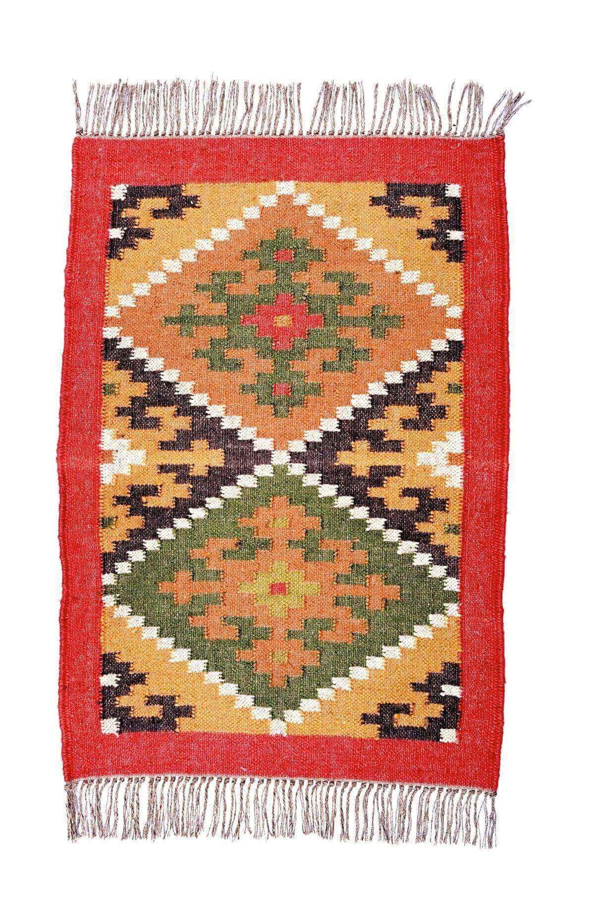 Alfombra Kilim Pequeña Étnica Hecha a Mano de Lana y Yute - 60x90 cm - Reversible - Origen India con Tintes Naturales