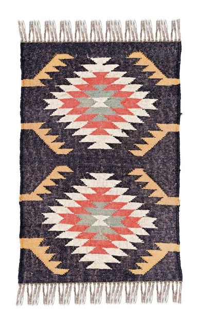 alfombra kilim,  pequeña, multicolor, étnica, reversible, artesanal, India.