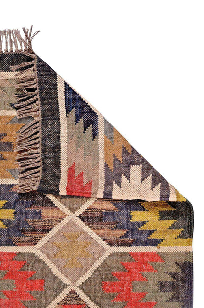 alfombra kilim,  pequeña, multicolor, étnica, reversible, artesanal, India.