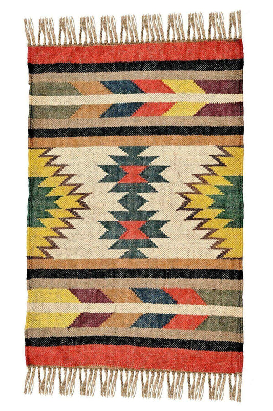 alfombra kilim, de lana y yute,  pequeña,  ,étnica, muticolor, reversible, artesanal, India.