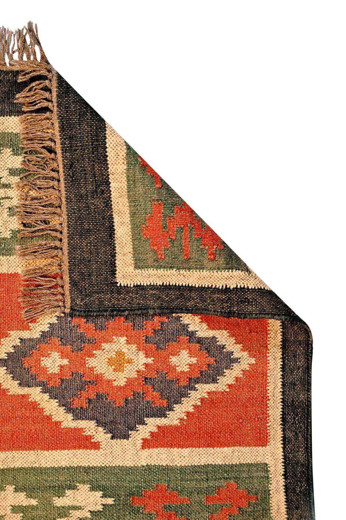 alfombra kilim,  pequeña, multicolor, étnica, reversible, artesanal, India.