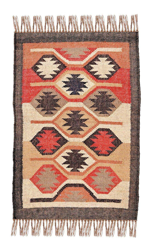 alfombra kilim,  pequeña, multicolor, étnica, reversible, artesanal, India.