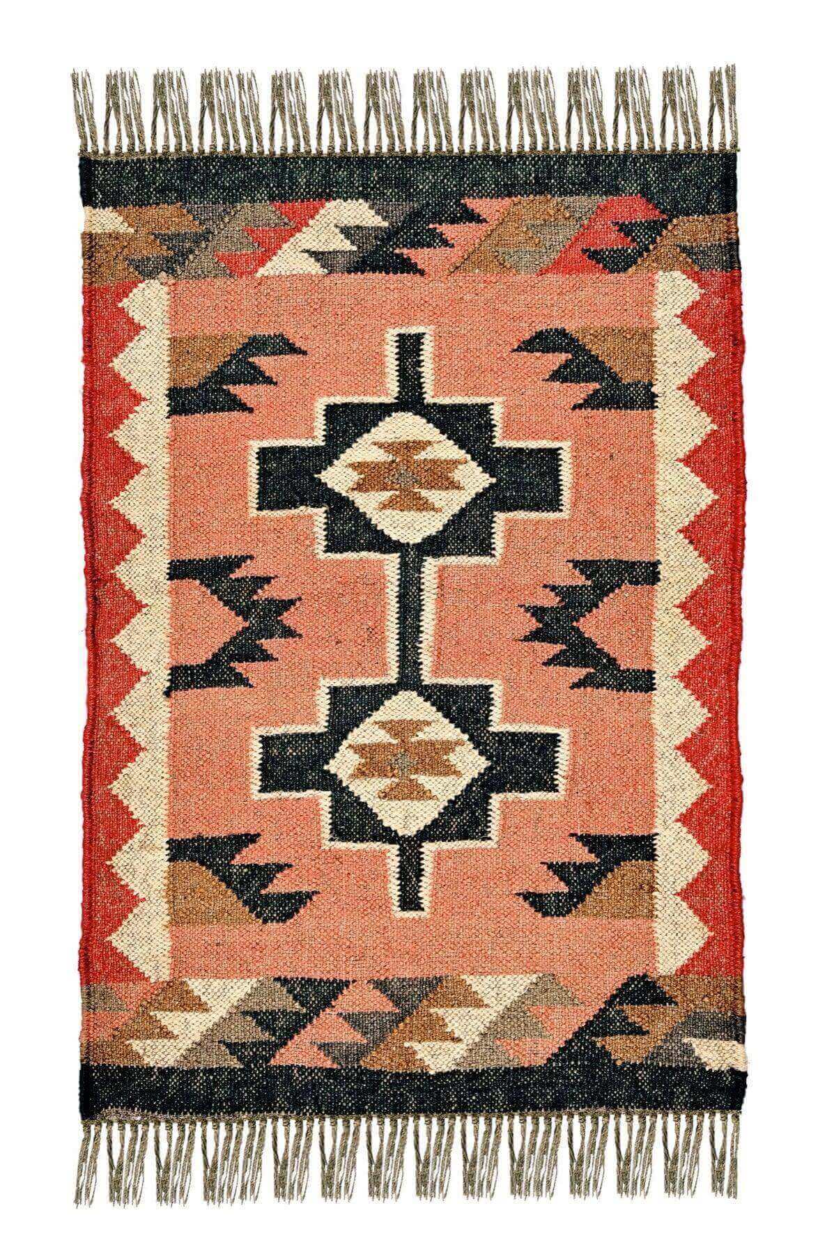 alfombra kilim,  pequeña, multicolor, étnica, reversible, artesanal, India.