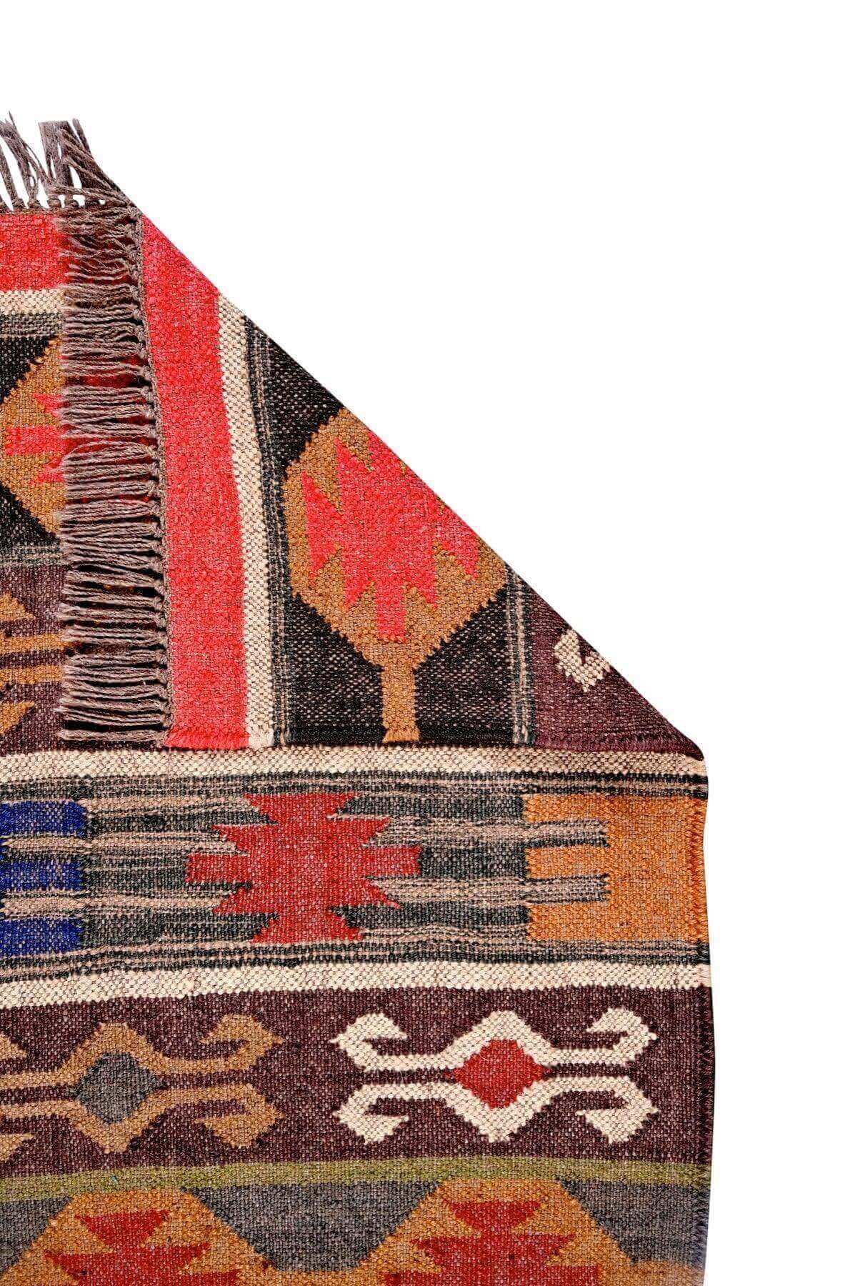 alfombra kilim,  pequeña, multicolor, étnica, reversible, artesanal, India.