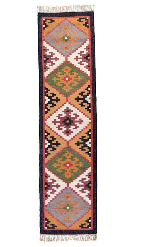 Alfombra Kilim Étnica Hecha a Mano de Lana y Yute - 75x180 cm - Multicolor,  Reversible - Origen India- Tintes Naturales- Fibras Sostenibles