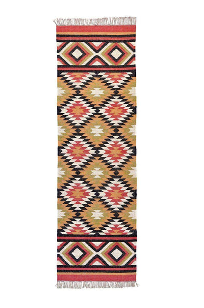 Alfombra Kilim Étnica Hecha a Mano de Lana y Yute - 75x180 cm - Multicolor, Reversible - Origen India- Tintes Naturales- Fibras Sostenibles