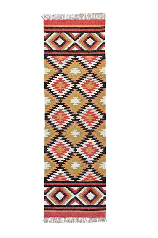 Alfombra Kilim Étnica Hecha a Mano de Lana y Yute - 75x180 cm - Multicolor, Reversible - Origen India- Tintes Naturales- Fibras Sostenibles