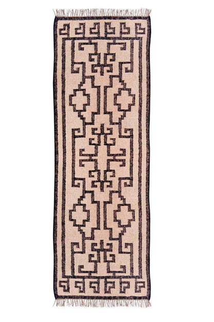 Alfombra Kilim Moderna Hecha a Mano de Lana y Yute - 75x240 cm -blanco y negro, beige y negro, diseño étnico