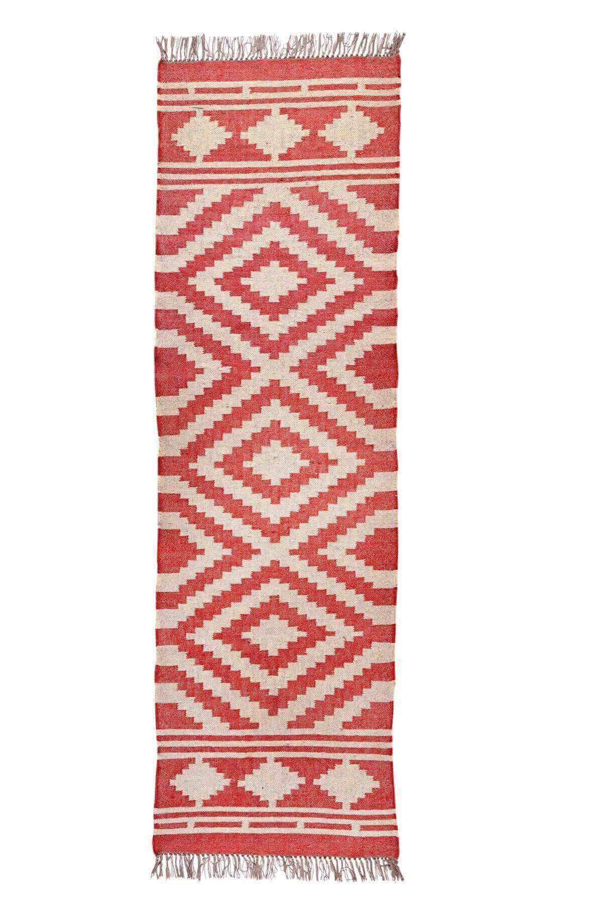 Alfombra Kilim Moderna Hecha a Mano de Lana y Yute -75x240cm - blanco-beige-rojo-Tintes Naturales- Fibras Sostenibles