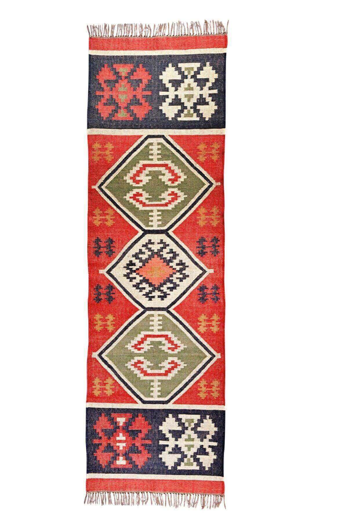 Alfombra Kilim de pasillo, pasillera, étnica, hecha a mano de Lana y Yute - 75x240 cm -Multicolor, rojo, verde, blanco, negro