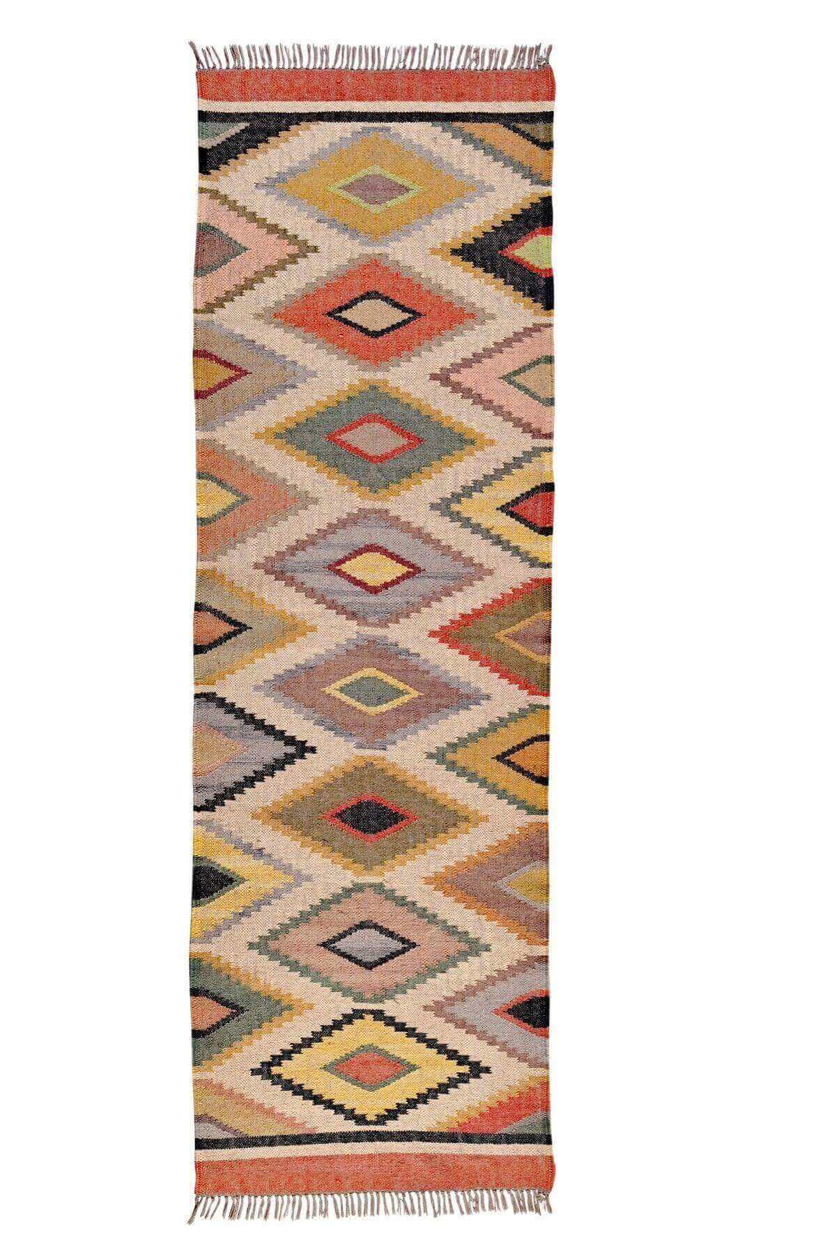 alfombra kilim etnica, de pasillo, de lana y yute, multicolor, motivos étnicos y geométricos, color azul, naranja