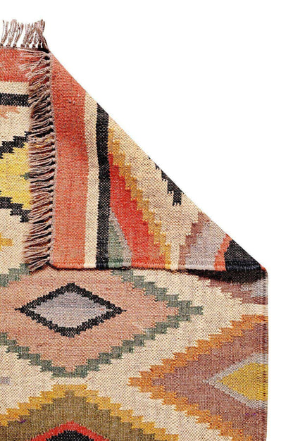 alfombra kilim etnica, de pasillo, de lana y yute, multicolor, motivos étnicos y geométricos, color azul, naranja