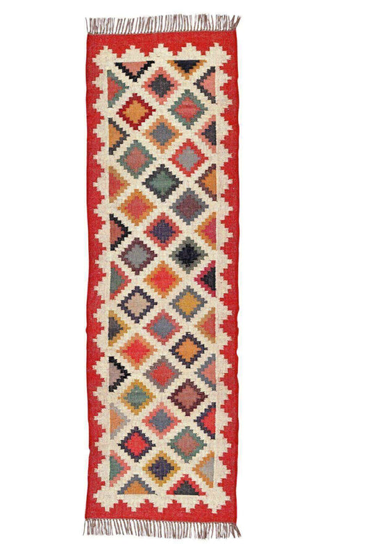 Alfombra Kilim de pasillo, pasillero, etnica, tradicional, multicolor, moderna, hecha a mano de Lana y Yute - 75x240 cm