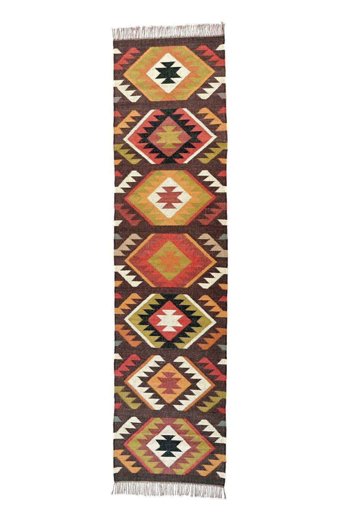 Alfombra Kilim de pasillo, tres metros, pasillero, étnica, moderno, tradicional, multicolor, moderna, hecha a mano de Lana y Yute - 75x300 cm - Origen India -Tintes Naturales- Fibras Sostenibles