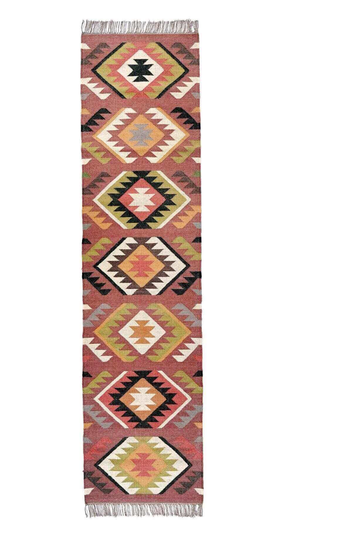 Alfombra Kilim de pasillo, tres metros, pasillero, étnica, moderno, tradicional, multicolor, moderna, hecha a mano de Lana y Yute - 75x300 cm - Origen India -Tintes Naturales- Fibras Sostenibles