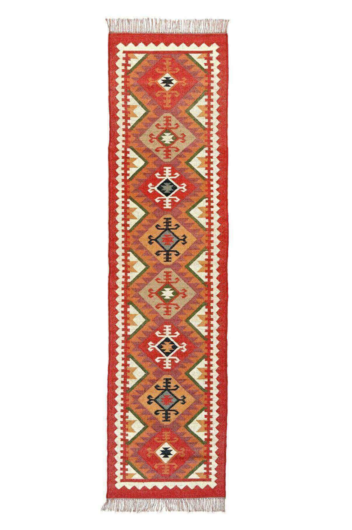 Alfombra Kilim de pasillo, tres metros, pasillero, étnica, moderno, tradicional, multicolor, moderna, hecha a mano de Lana y Yute - 75x300 cm - Origen India -Tintes Naturales- Fibras Sostenibles