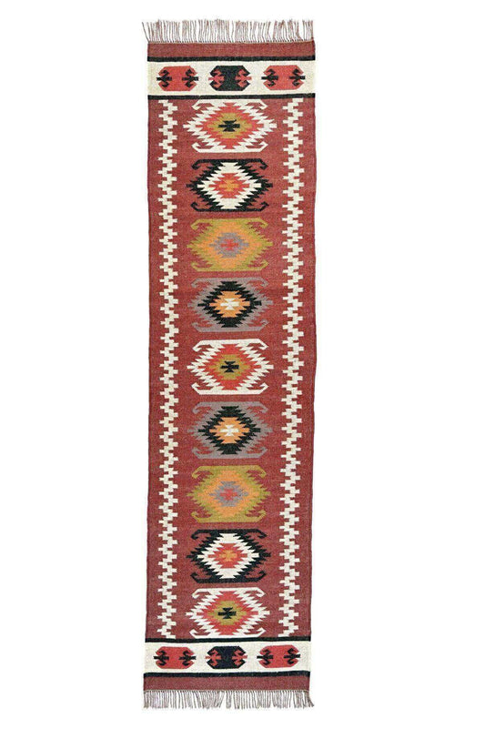 Alfombra Kilim de pasillo, tres metros, pasillero, étnica, moderno, tradicional, multicolor, moderna, hecha a mano de Lana y Yute - 75x300 cm - Origen India -Tintes Naturales- Fibras Sostenibles