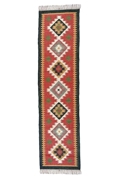 Alfombra Kilim de pasillo, tres metros, pasillero, étnica, moderno, tradicional, multicolor, moderna, hecha a mano de Lana y Yute - 75x300 cm - Origen India -Tintes Naturales- Fibras Sostenibles