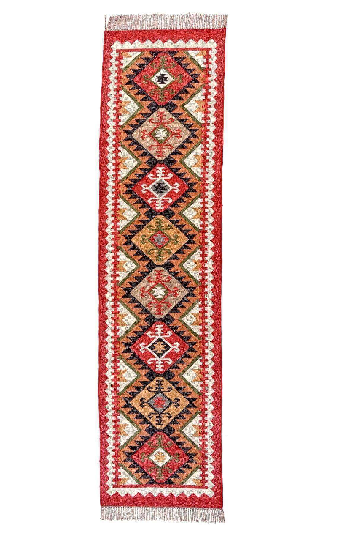 Alfombra Kilim de pasillo, tres metros, pasillero, étnica, moderno, tradicional, multicolor, moderna, hecha a mano de Lana y Yute - 75x300 cm - Origen India -Tintes Naturales- Fibras Sostenibles