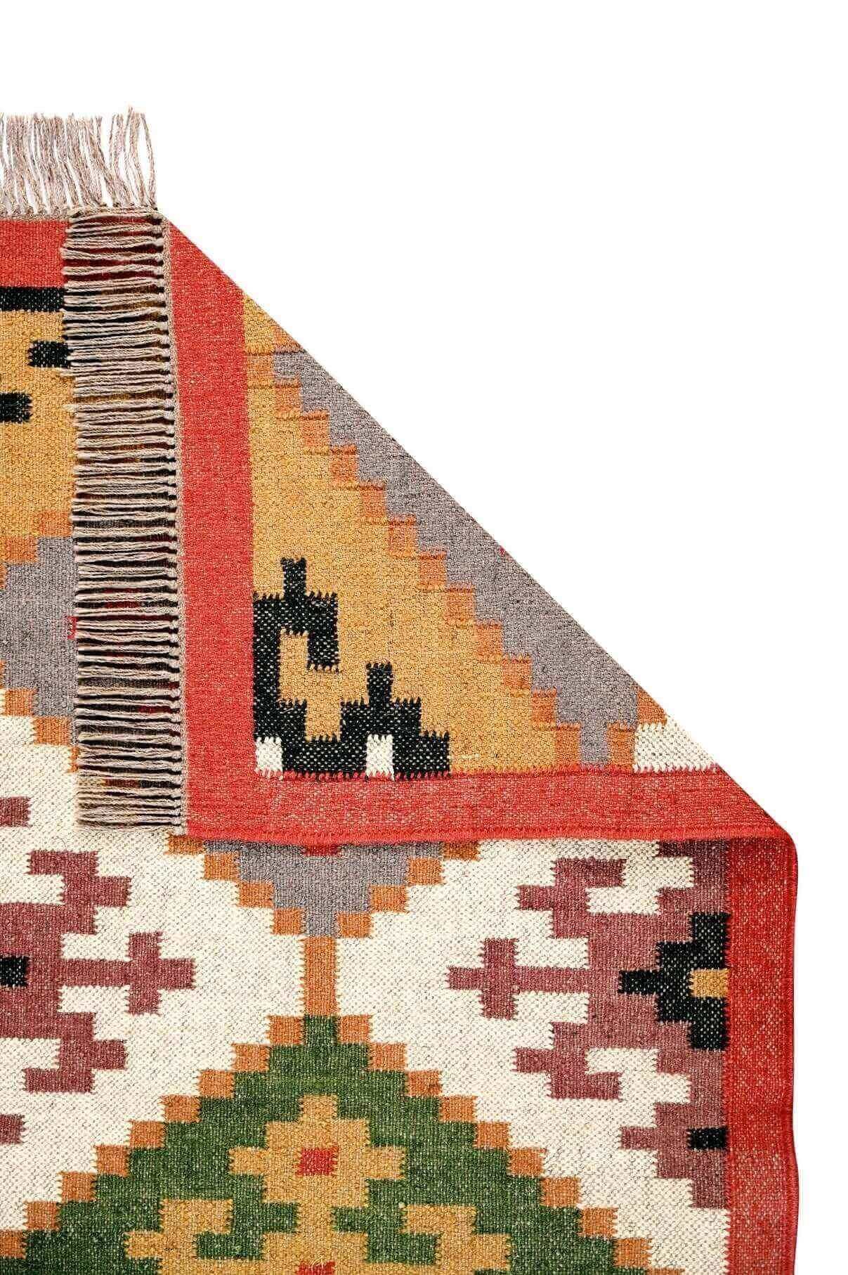 Alfombra Kilim de pasillo, tres metros, pasillero, étnica, moderno, tradicional, multicolor, moderna, hecha a mano de Lana y Yute - 75x300 cm - Origen India -Tintes Naturales- Fibras Sostenibles