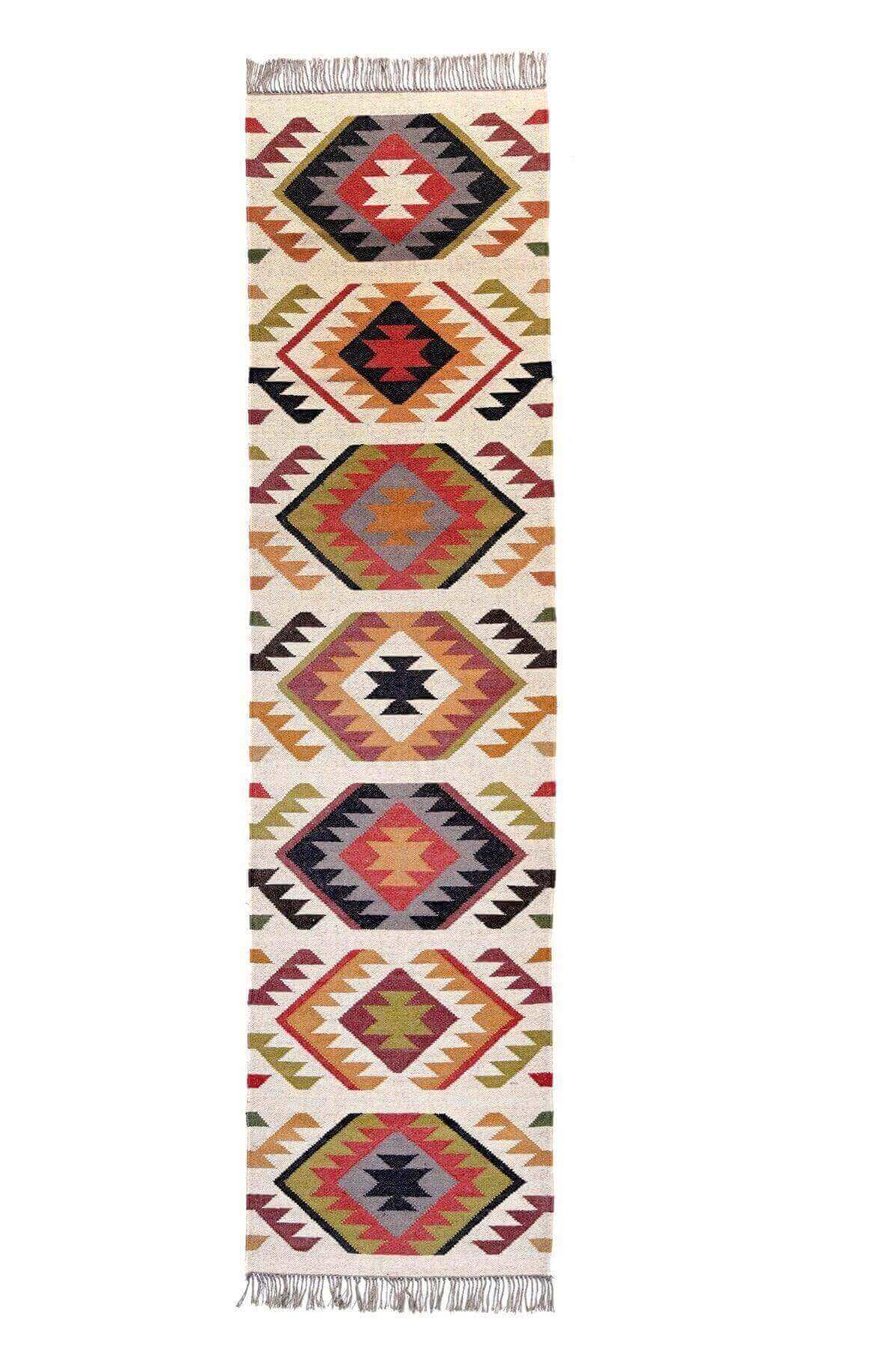 Alfombra Kilim de pasillo, tres metros, pasillero, étnica, moderno, tradicional, multicolor, moderna, hecha a mano de Lana y Yute - 75x300 cm - Origen India -Tintes Naturales- Fibras Sostenibles