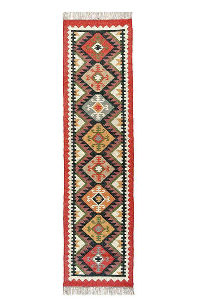 Alfombra Kilim de pasillo, tres metros, pasillero, étnica, moderno, tradicional, multicolor, moderna, hecha a mano de Lana y Yute - 75x300 cm - Origen India -Tintes Naturales- Fibras Sostenibles