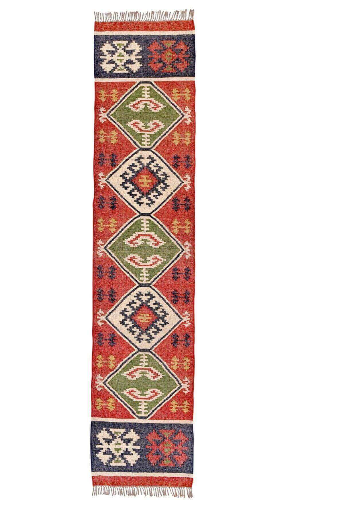 Alfombra Kilim de pasillo, pasillero, étnico, moderno, tradicional, multicolor, moderna, hecha a mano de Lana y Yute - 75x360