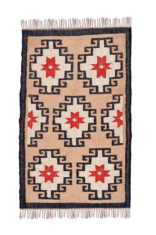 alfombra kilim, de lana y yute,  pequeña, étnica, rojo, blanco, beige, negro, geométrica,  reversible, artesanal, India.