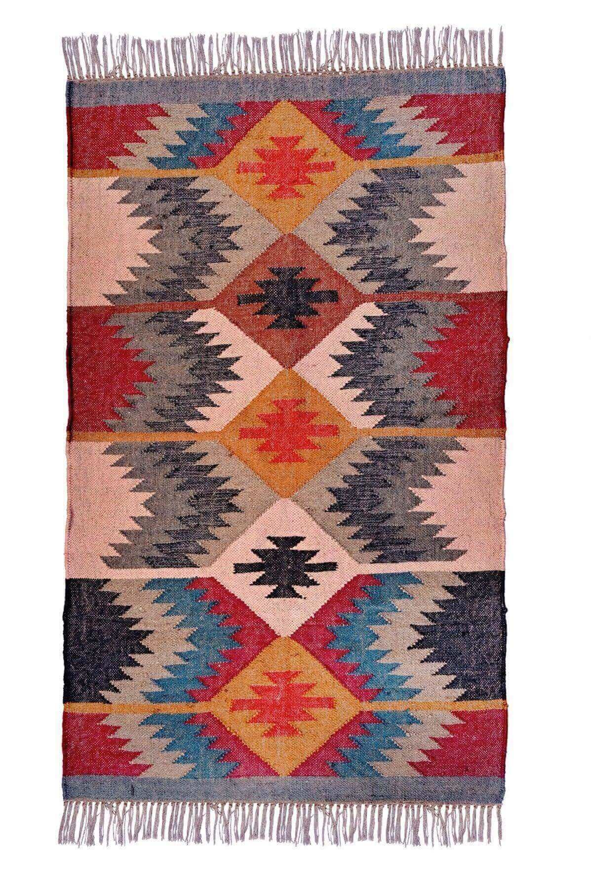 alfombra kilim, de lana y yute,  pequeña, étnica, rojo, blanco, geométrica,  reversible, artesanal, moderno,India.