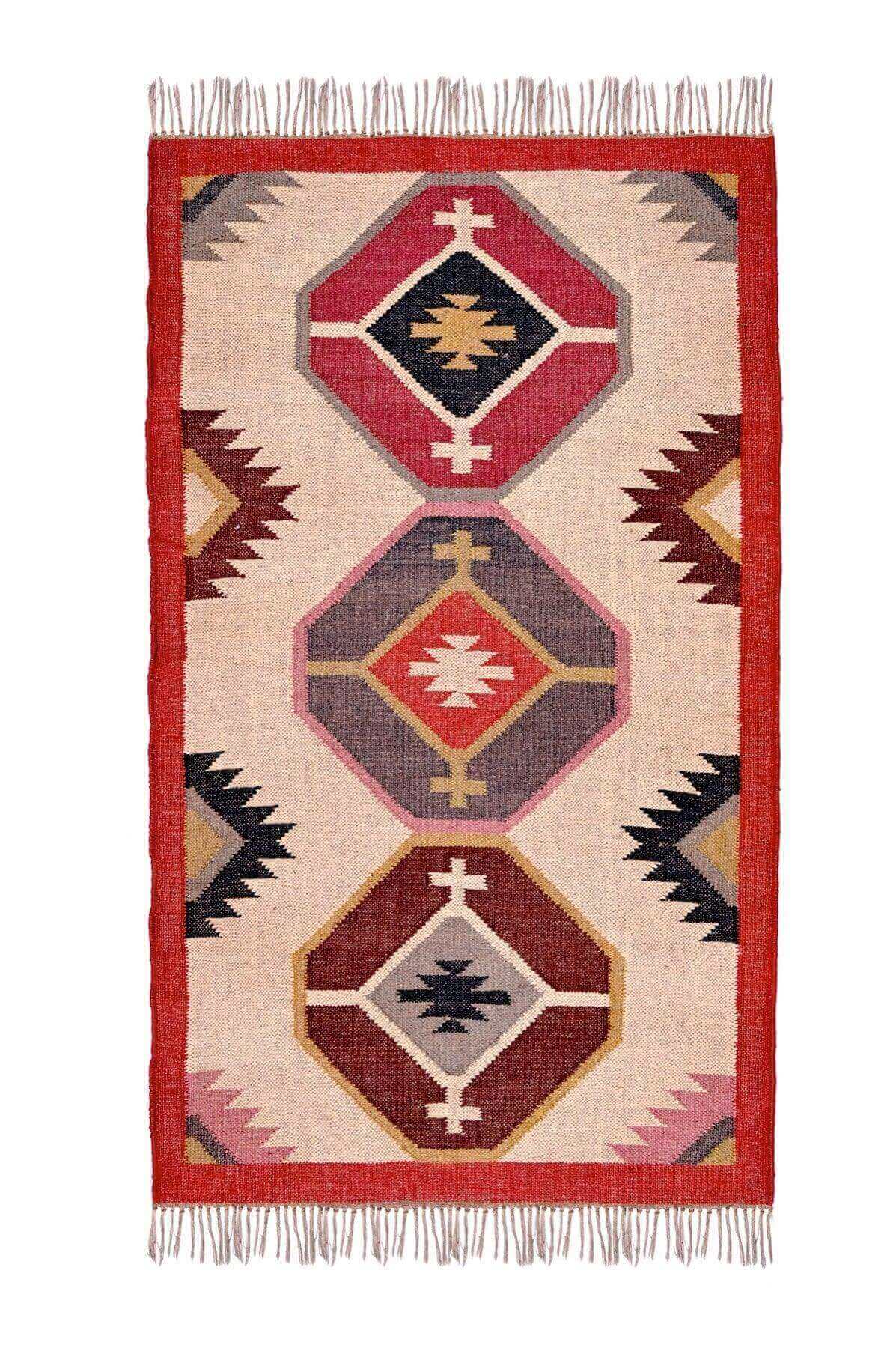 alfombra kilim, de lana y yute,  pequeña, étnica, rojo, blanco, beige, negro, rosageométrica,  reversible, artesanal, India.