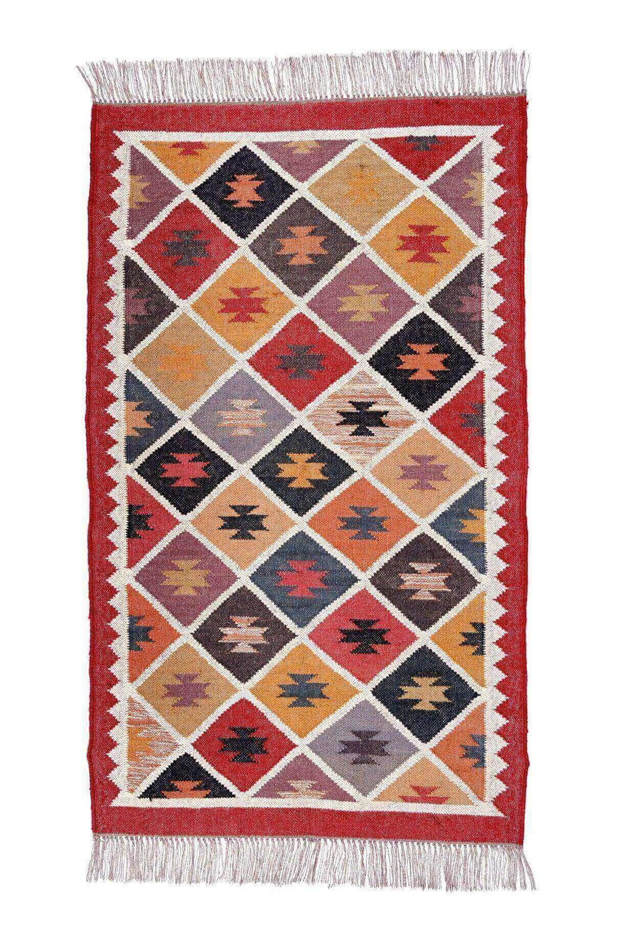 Alfombra Pequeña Étnica Hecha a Mano de Lana y Yute - 60x90 cm - Multicolor y Reversible - Origen India