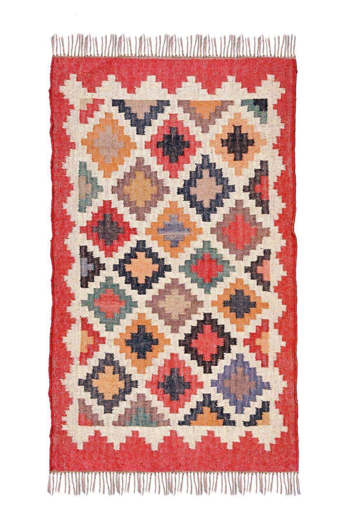 alfombra kilim, de lana y yute, rojo, beige, natural, negro, étnico,  geométrica,  reversible, artesanal, moderno,India.