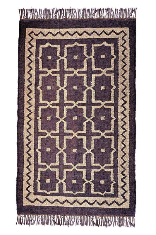 alfombra kilim, de lana y yute,  pequeña, étnica,  beige, azul, negro, geométrica,  reversible, artesanal, moderno,India.